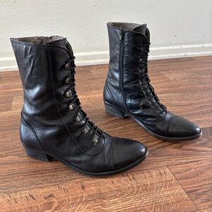 BOCAGE Paris black leather Victorian-style lace-up ankle boots side zipper 39